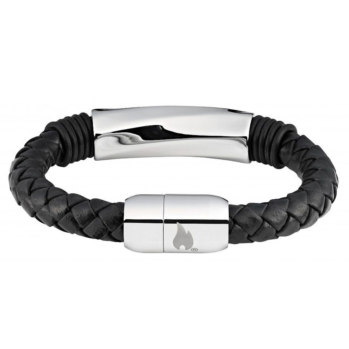 Bracelet Zippo en cuir noir et acier inoxydable