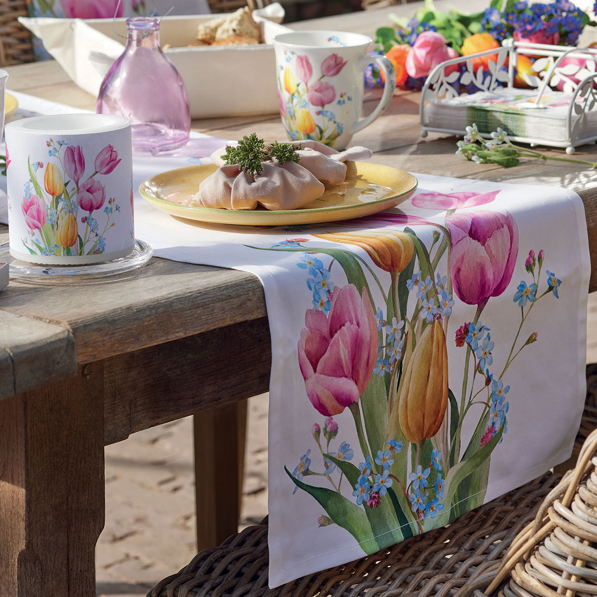 Chemin de table en coton Bouquet de tulipes 40 x 150 cm