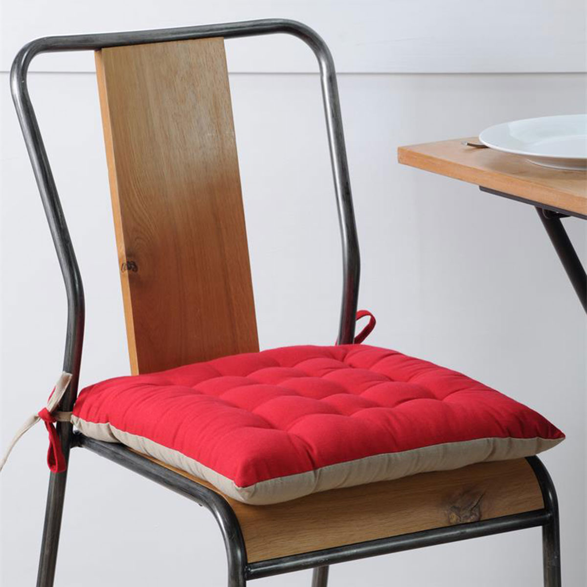 Coussin de chaise bicolore rversible en coton lin et rouge