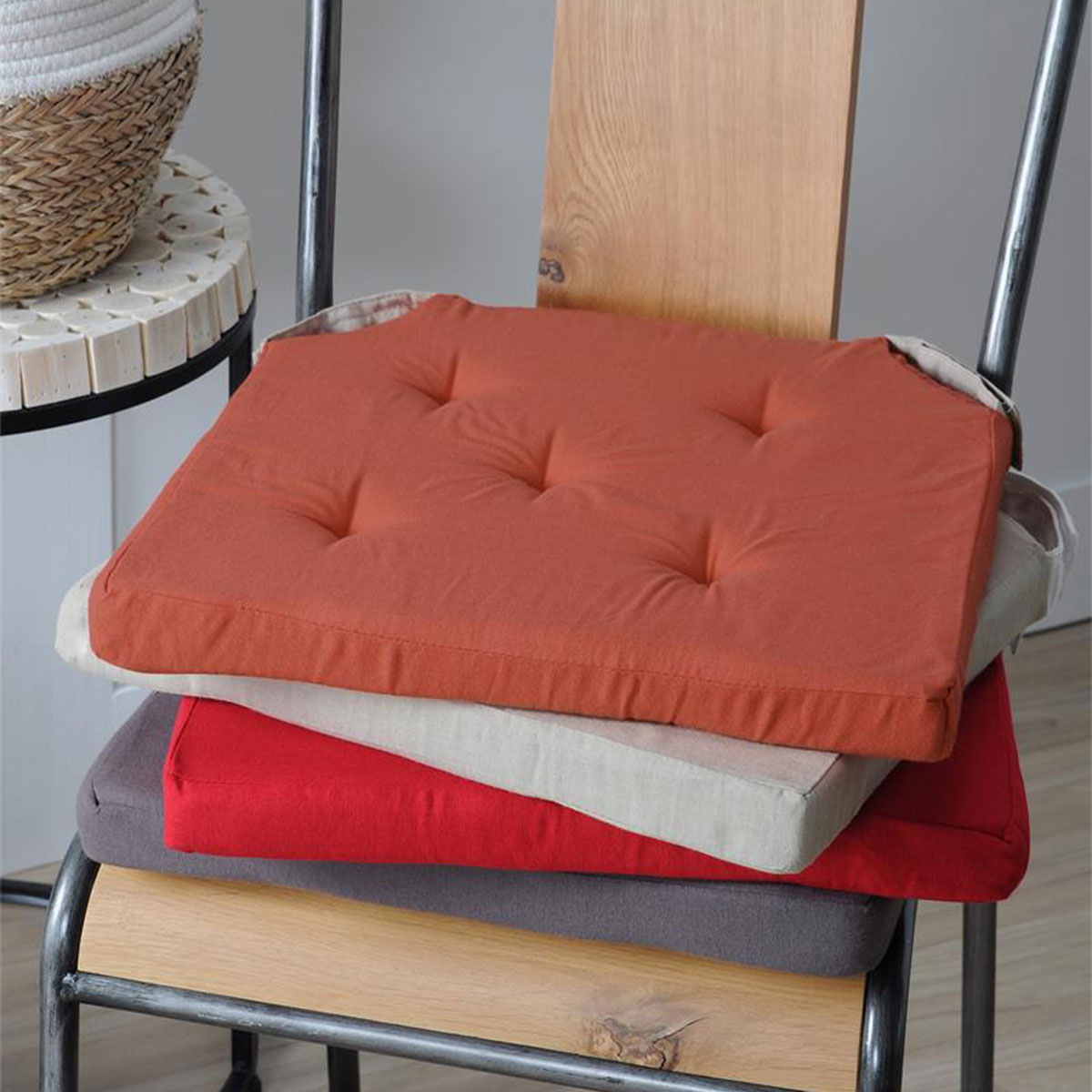 Coussin de chaise rversible terracotta et lin en coton 38 cm