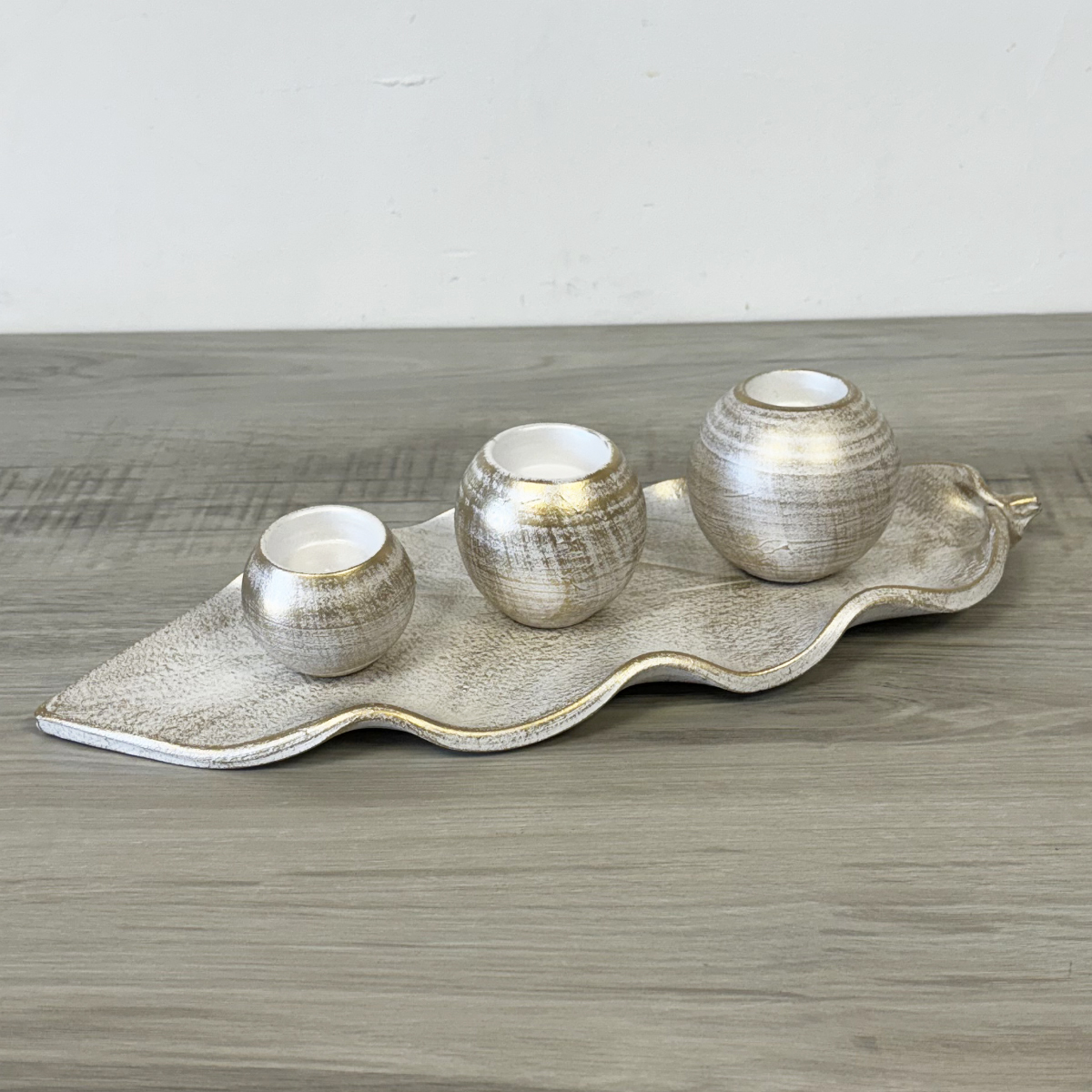 Feuille dcorative en cramique avec 3 photophores 44 cm