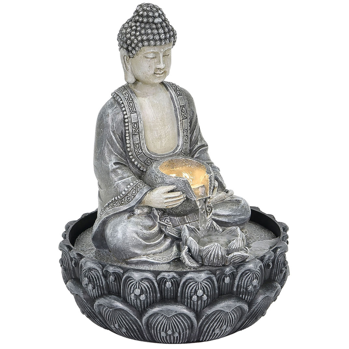 Petite fontaine dintrieur Bouddha en rsine grise 27 cm