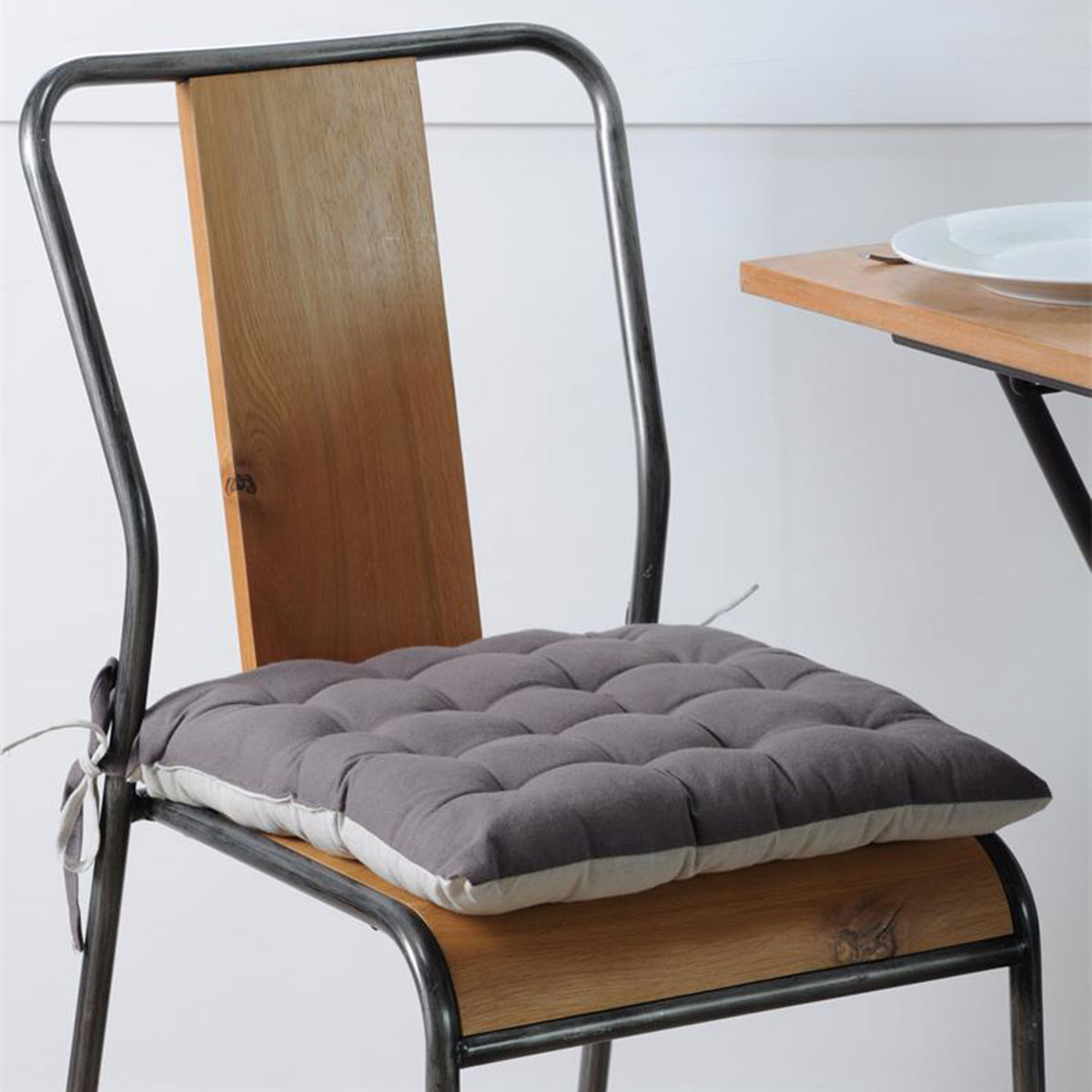 Coussin de chaise bicolore rversible en coton gris et perle