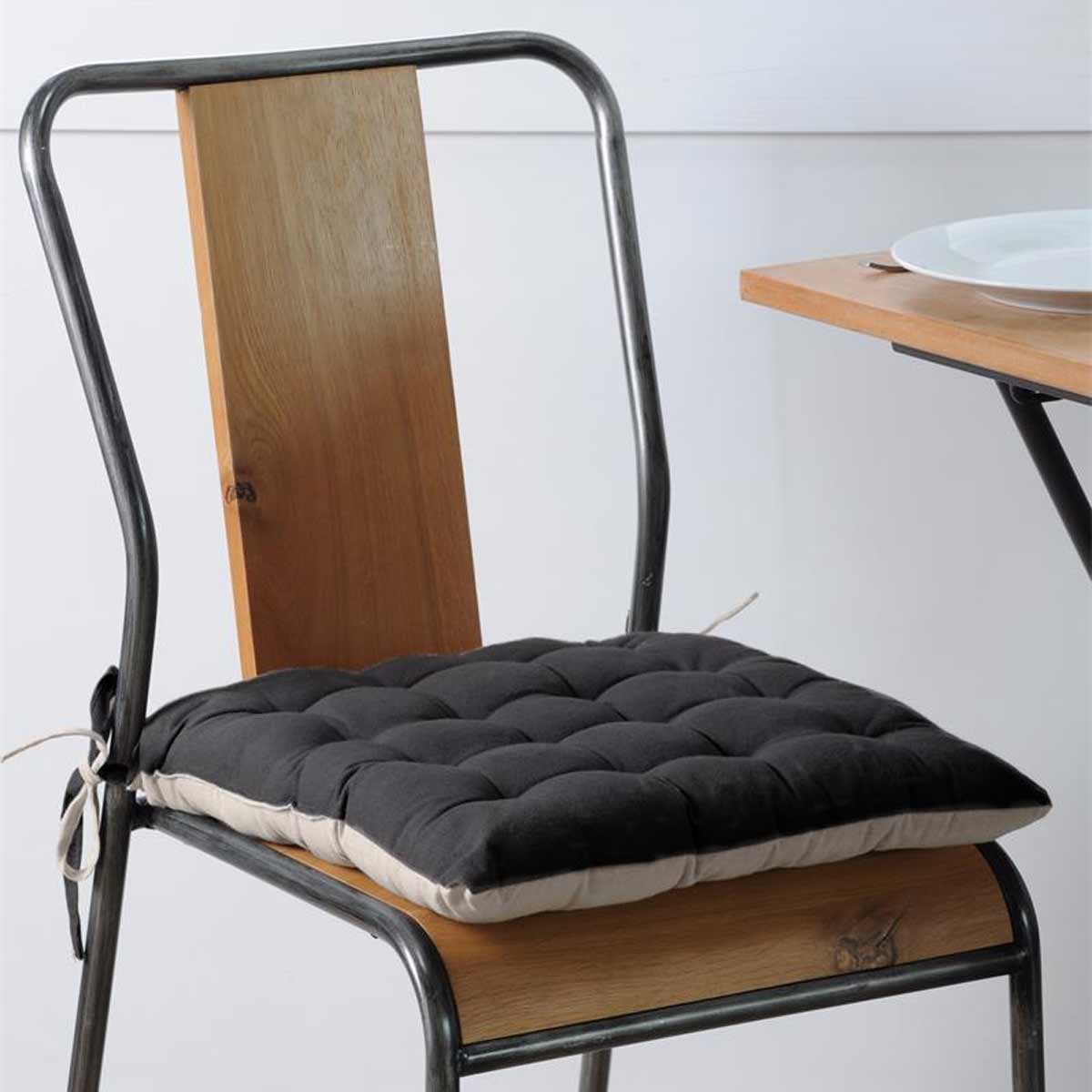 Coussin de chaise bicolore rversible en coton noir et lin