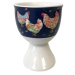 Coquetier en Gr�s D�cor Poules Fleuries Fond Bleu