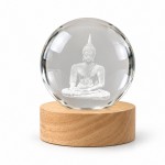Veilleuse LED 3D bouddha assis, boule en verre et bois