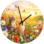 Horloge Murale Verre 29 cm Chatons et Prairie Fleurie