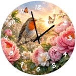 Horloge murale en verre rouge-gorge et pivoines 29 cm