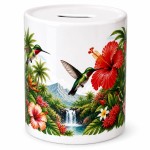 Tirelire colibri en c�ramique d�cor tropical fleuri