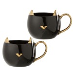 Set de 2 mugs chats en porcelaine noire et or Set de 2 mugs chats en porcelaine noire et or