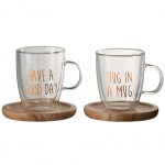 Mugs en verre avec sous tasses en bois et inscriptions cuivres
