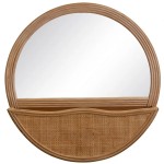 Grand miroir rond avec rangement en rotin