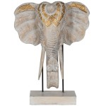 Grande Tête d’éléphant à poser en bois patiné blanc et doré