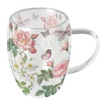 Tasse  th en verre double paroi papillons et fleurs romantique