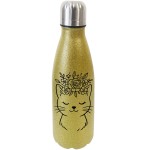 Bouteille or chat avec couronne de fleurs  paillettes