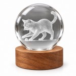 Veilleuse LED 3D chat avec balle, boule de verre et bois