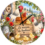 Horloge murale poules en verre 29 cm d�cor campagne fleuri