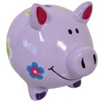 Petite tirelire cochon violet en cramique 10 cm