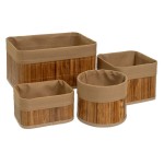 4 paniers ronds en bambou et tissu marron
