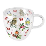 Tasse  th en verre double paroi  Oiseaux et baies hivernales