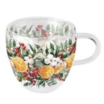 Tasse  th en verre double paroi  Agrumes et feuillage de Nol