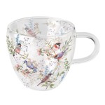 Tasse  th en verre double paroi oiseaux et branches fleuries